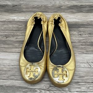 Tory Burch Gold Foil Leather Reva Scrunch Ballet Flats